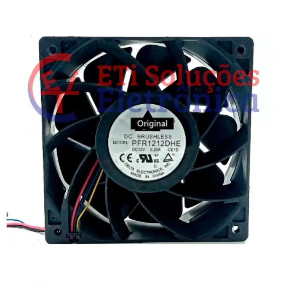 Cooler 12V, 5.2A, 120x120x38mm, com Rolamento, 7400 RPM, DC BRUSHLESS, Delta PFR1212DHE, 4 fios